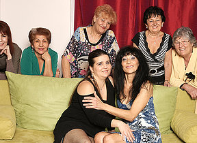 Old and young lesbians perform in a room active of mature ladies